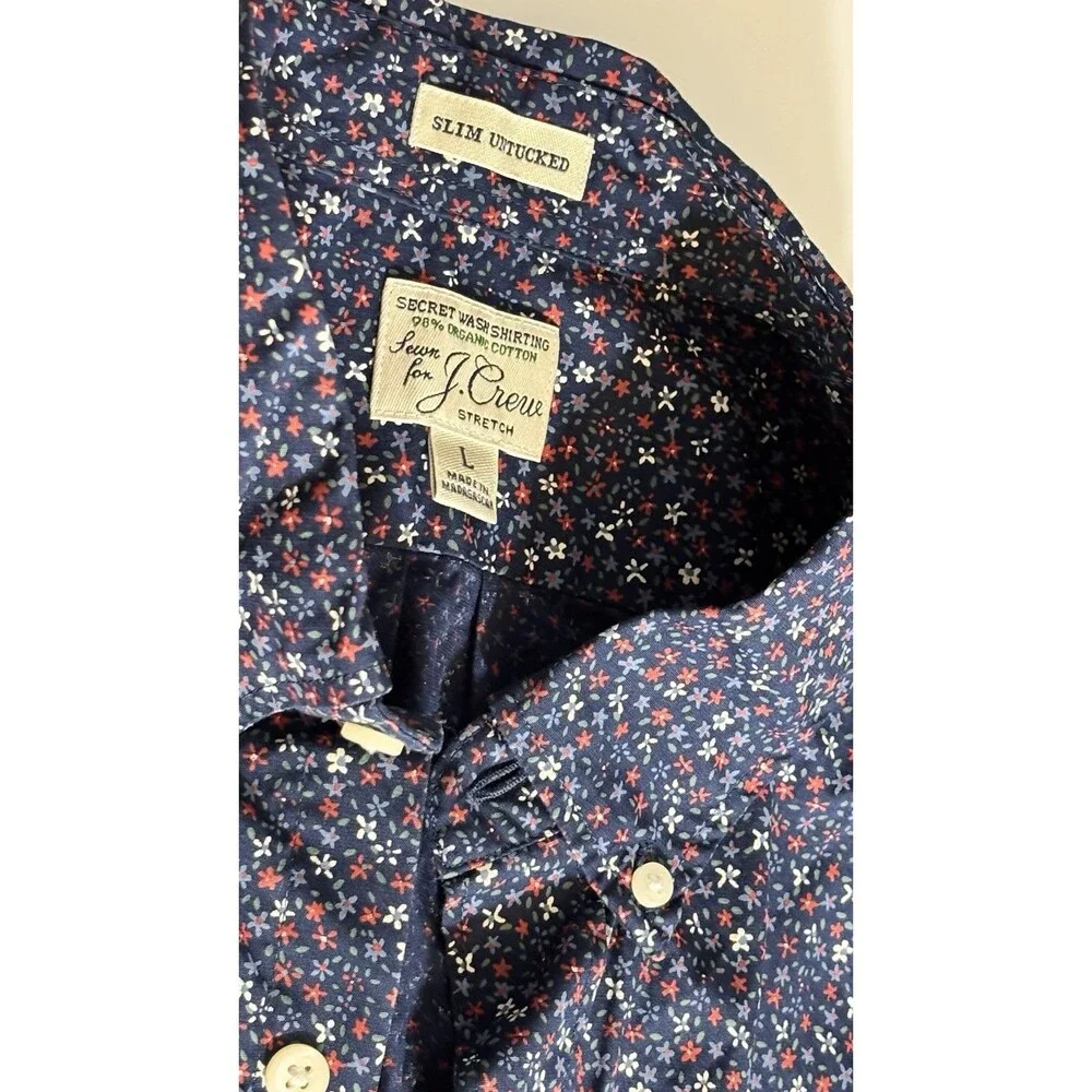 J.Crew Slim Untucked Shirt L Navy Floral Secret Wash Stretch Cotton - Picture 5 of 6
